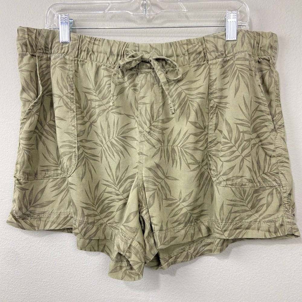 GAP Palm Print Shorts Sz L Tencel Lyocell Chambray Comfy Drawstring Olive Green‎